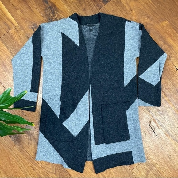 Eileen Fisher Color Block Merino Wool Long Cardigan Minimalist Neutral - Picture 10 of 10